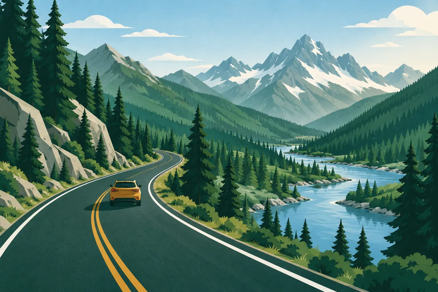 A highway through mountain valleys with a river and pine trees, a typical landscape of Idaho