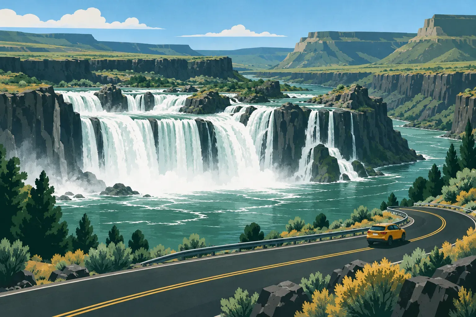 Shoshone Falls, a wide waterfall on the Snake River canyon, in Idaho