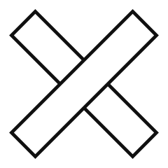 Two white crossed boards forming an X, with black lettering along each board